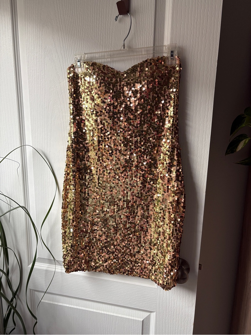 Vintage DEB Gold Sequin Strapless Mini Dress Medium Y2K Bodycon Party Cocktail